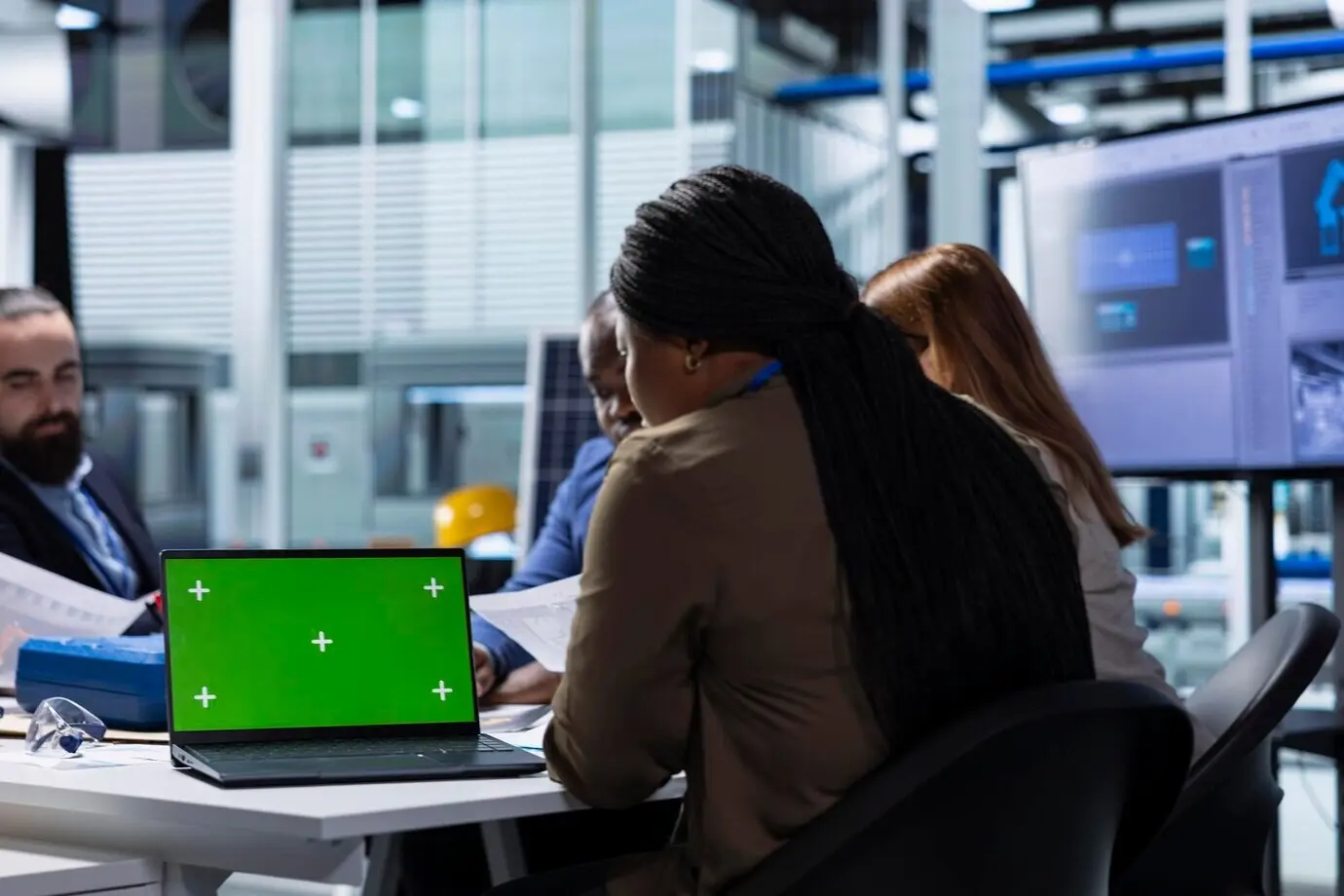 Эксперт фабрики исследует новые фотовольтаические материалы на макетном планшете.